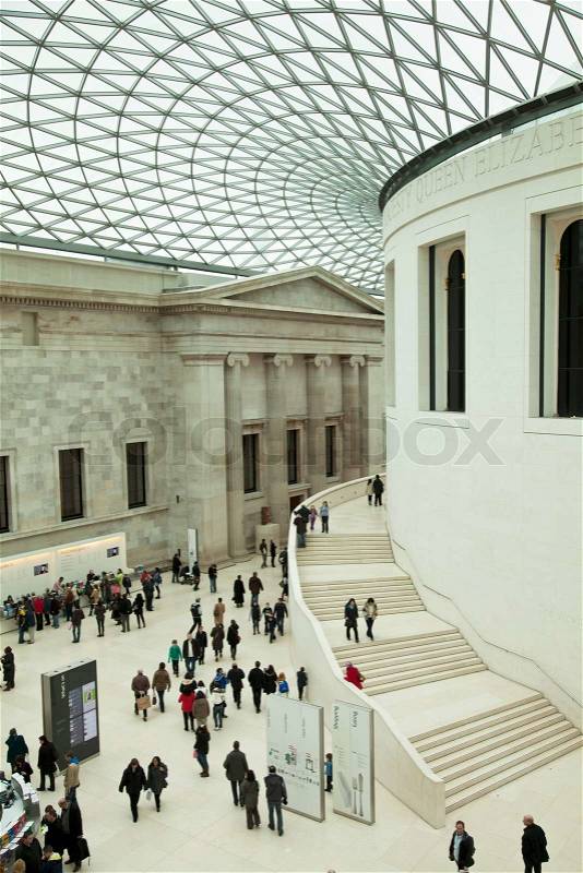 LONDON - FEBRUARY 13: People visiting the British Museum - museum of human history and culture and one of the top attractions of London, stock photo