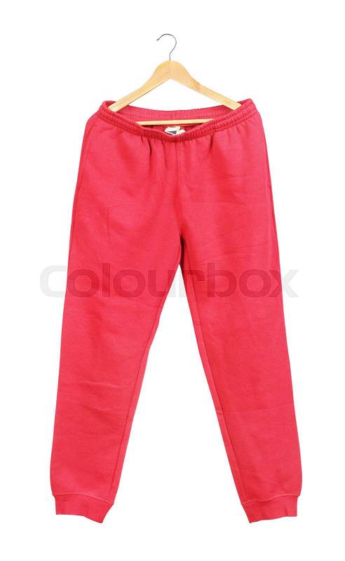 Red sweat pants on a hanger isolated on white background, stock photo
