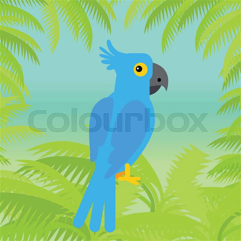 Blue macaw flat design vector. Wild rare amazonian bird. Exotic parrot sitting in palm trees brunches. Tropical fauna species. For nature concepts, children s books illustrating, printing materials, vector