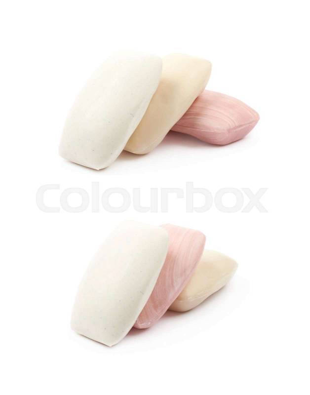 Three pieces of soap isolated over the white background, set of two different foreshortenings, stock photo
