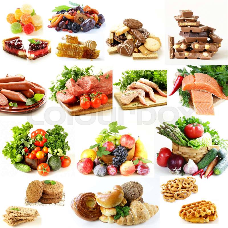 Collage, set food pyramid, healthy eating diet, stock photo