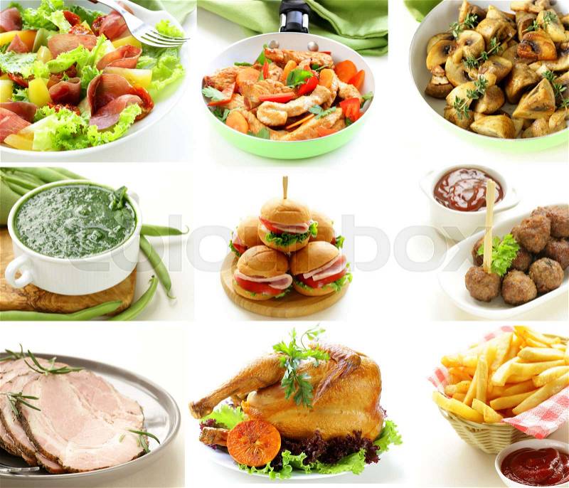 Collage set ready meal on a white background, stock photo