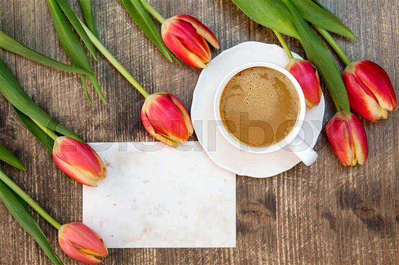 Tulips ,coffee cup and blank card for copy-space , stock photo