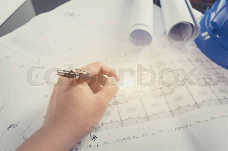 Engineering diagram blueprint paper drafting project sketch architectural ,selective focus. , stock photo