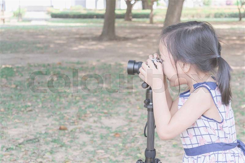Beautiful together asian girl enjoy to take photographs in the garden, stock photo