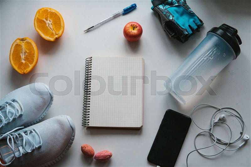 Workout and fitness,Planning control diet concept on a white background, stock photo