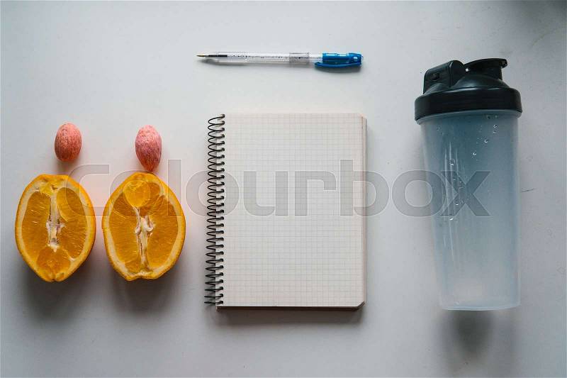 Workout and fitness,Planning control diet concept on a white background, stock photo