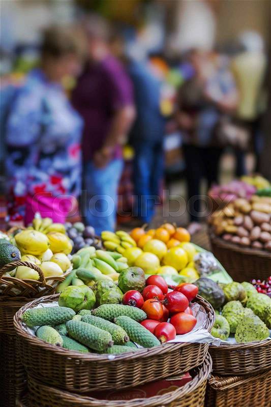 FUNCHAL, PORTUGAL - JUNE 25: Fresh exotic fruits in Mercado Dos Lavradores.on June 25, 2015 in Madeira Island, Portugal, stock photo