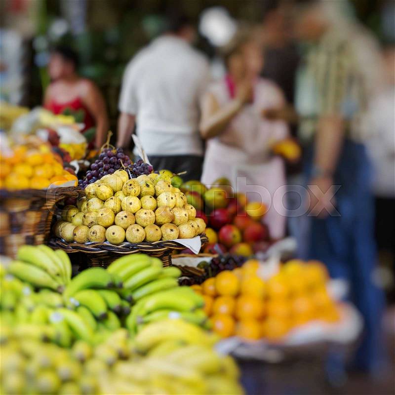 FUNCHAL, PORTUGAL - JUNE 25: Fresh exotic fruits in Mercado Dos Lavradores.on June 25, 2015 in Madeira Island, Portugal. , stock photo