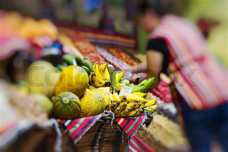 FUNCHAL, PORTUGAL - JUNE 25: Fresh exotic fruits in Mercado Dos Lavradores.on June 25, 2015 in Madeira Island, Portugal. , stock photo