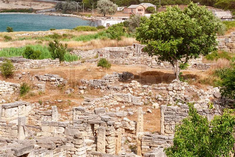 The remains of the ancient city of Chersonesus. Founded by the ancient Greeks. Hersones ruins, archaeological park, Sevastopol, Crimea, stock photo