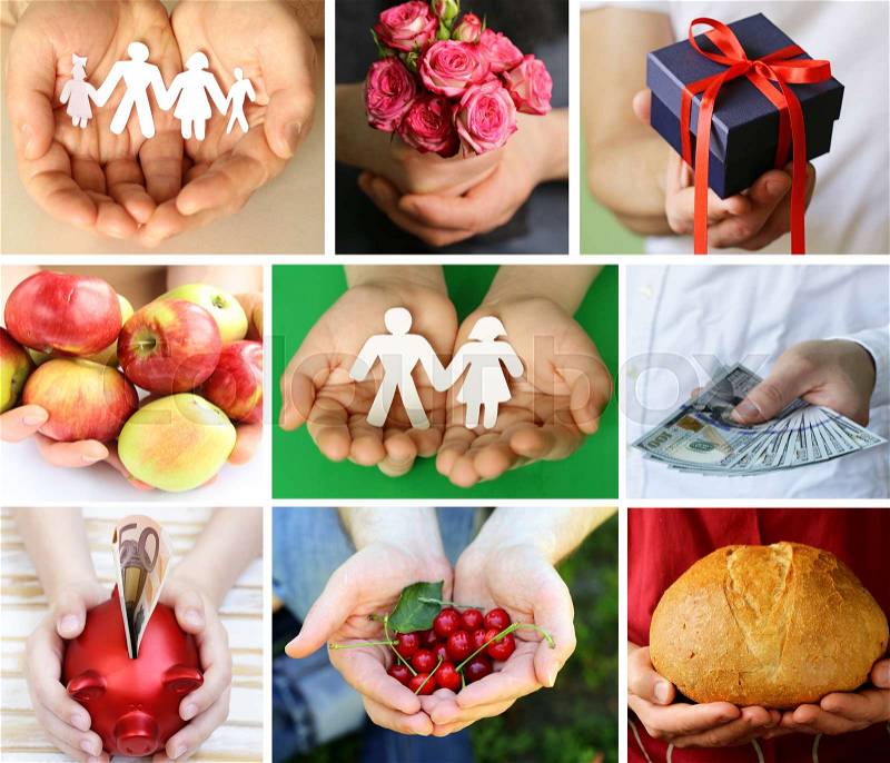 Collage, set hands with money, gifts, food and family, stock photo