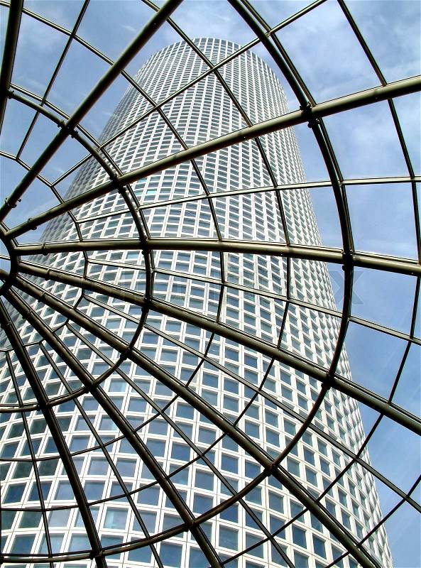 Modern glass roof in Azrieli shopping center with view on skyscraper in Tel Aviv, Israel, stock photo