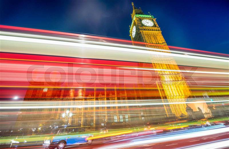 Car light trails under Westminster Palace, London, stock photo