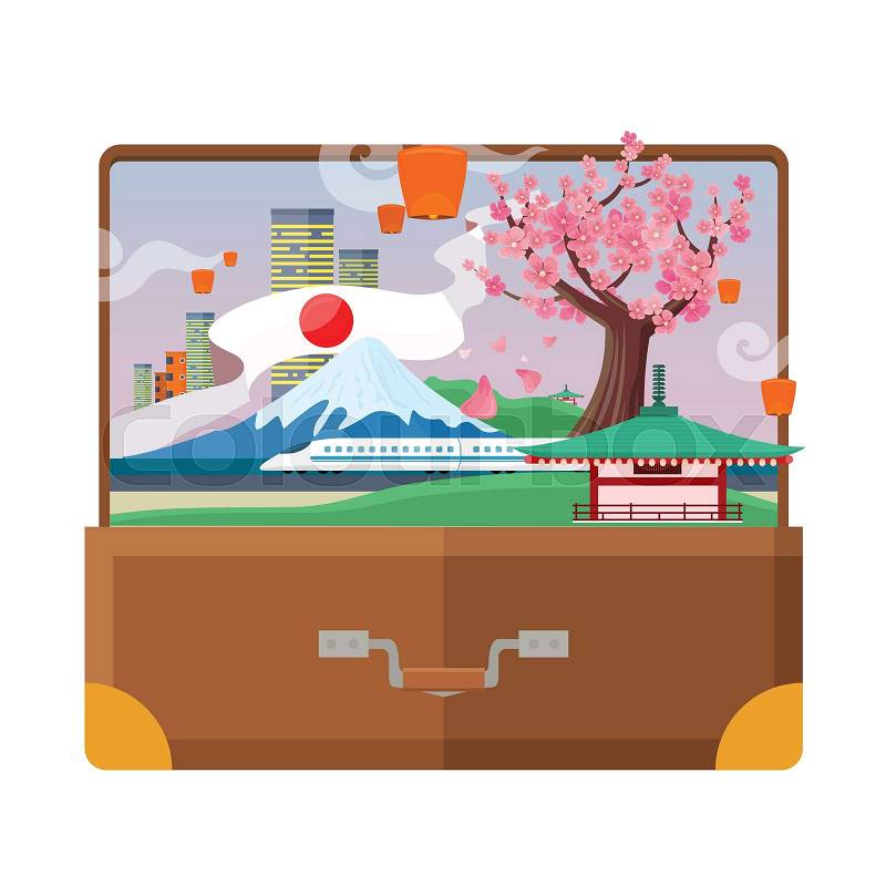Traveling to Japan concept in suitcase. Flat style. Vacation journey in Asia. City landscape, mount Fuji, air lanterns, sakura, pagoda, train. Japanese tourist attractions. For travel company ad, vector
