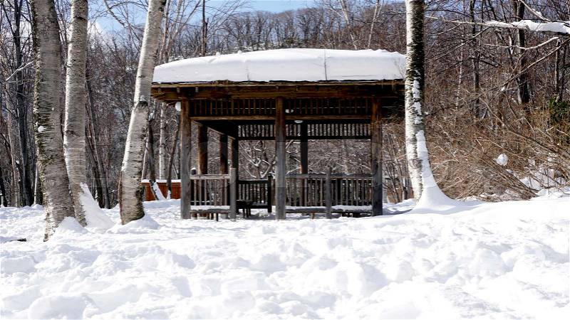 Snow and wooden pavilion landscape in the forest Noboribetsu onsen snow winter national park in Jigokudani, Hokkaido, Japan, stock photo