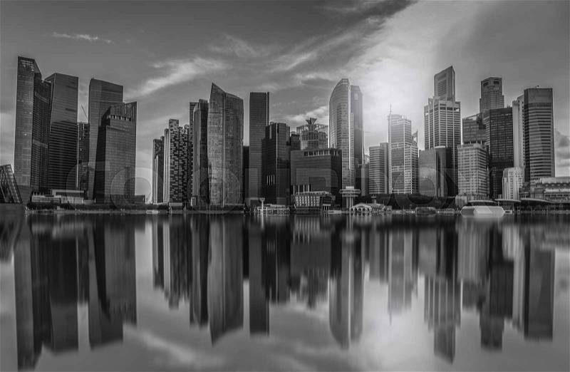 Black and white Singapore city skyline of business district downtown in daytime, stock photo
