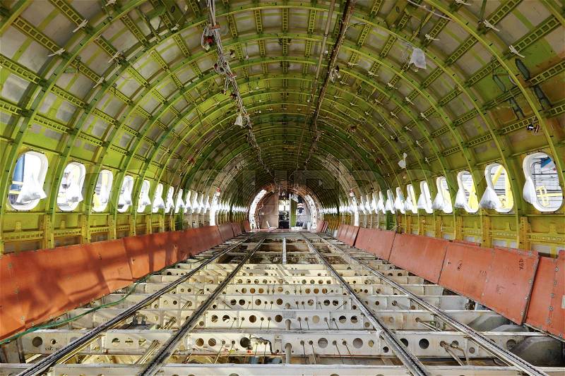 Cabin of the airplane under heavy maintenance , stock photo