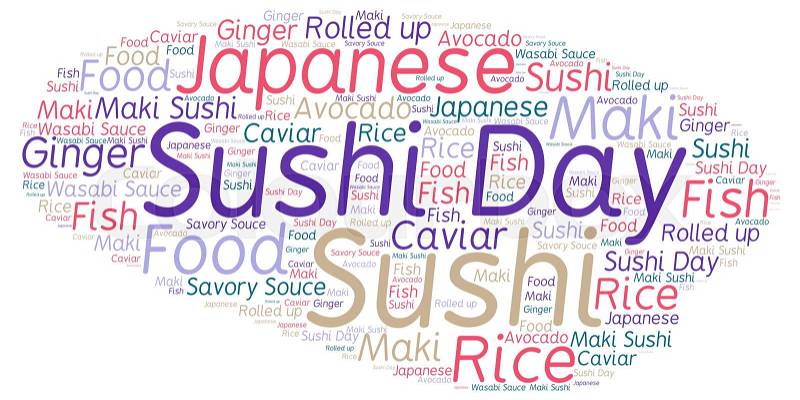 Sushi day word cloud - isolated on white background - horizontal image, stock photo