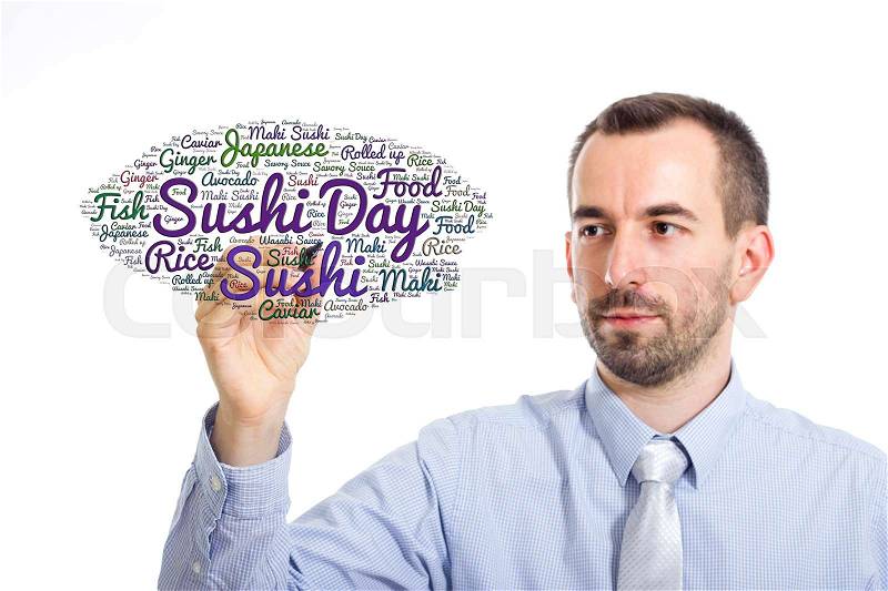 Sushi day Young buinessman touching - isolated on white - horizontal image, stock photo