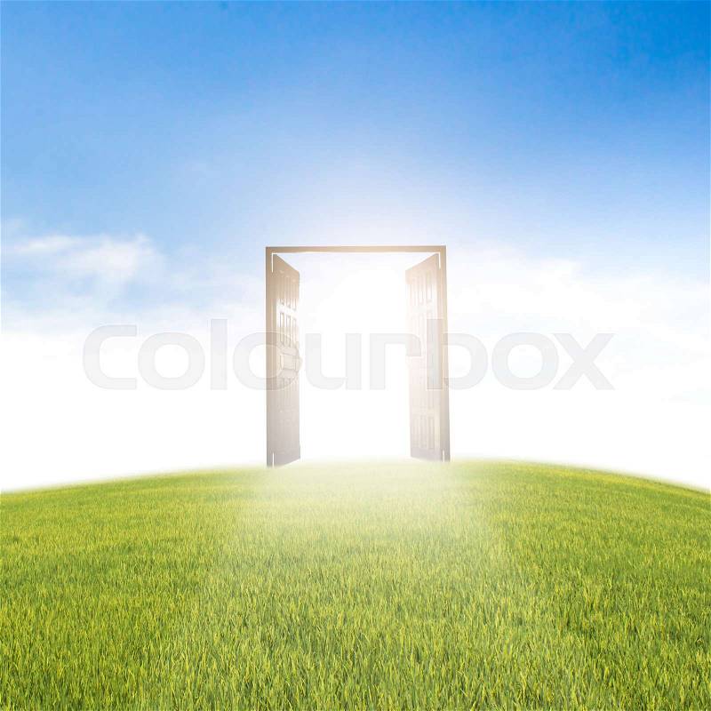 Wood doors opening with old cement wall and light coming in field on a background of the blue sky, stock photo