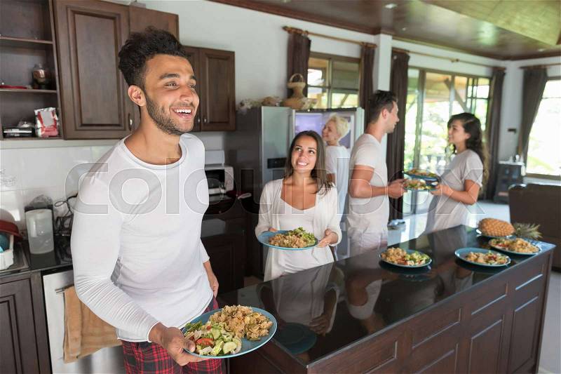 Young People Group Having Breakfast Together, Friends Kitchen Interior Morning Food Drink Happy Smiling Holiday Vacation, stock photo