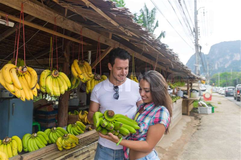 Couple Asian Fruits Street Market Buying Fresh Food, Young Man And Woman Tourists Exotic Vacation Tropical Holiday, stock photo