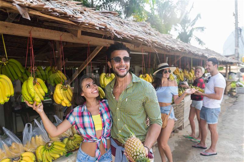 People Group Asian Fruits Street Market Buying Fresh Food, Young Friends Tourists Exotic Vacation Tropical Holiday, stock photo