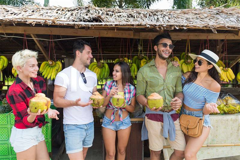 People Group Drink Coconut Cocktail Asian Fruits Street Market Buying Fresh Food, Young Friends Tourists Exotic Vacation Tropical Holiday, stock photo