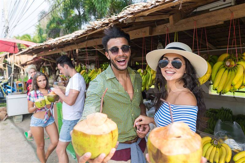 Couple Drink Coconut Asian Fruits Street Market Buying Fresh Food, Young Man And Woman Tourists Exotic Vacation Tropical Holiday, stock photo