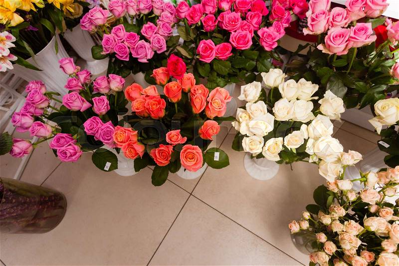 Collection of beautiful roses for sale at a floristic shop, stock photo