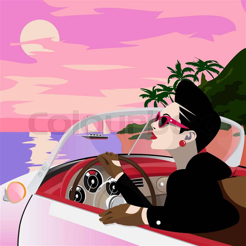 The stylish woman in a retro the car on the ocean coast. Retro poster, stock photo