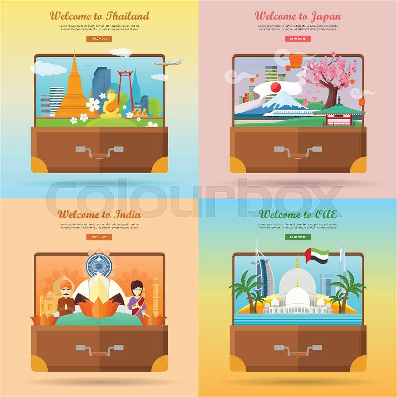 Welcome to Japan, Thailand, India, United Arab Emirates. Set of advertisement banners. Landmarks of asian places of interest on photo in suitcase. Traveling concept. Going to vacation. Vector, vector