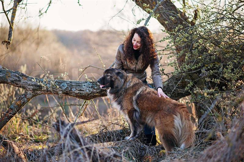 Young woman playing with Caucasian shepherd in a delightful spring day, stock photo