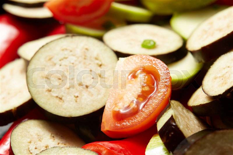 fresh raw vegetables red paprika, eggplant, vegetable marrow, tomato for healthy lunch, stock photo