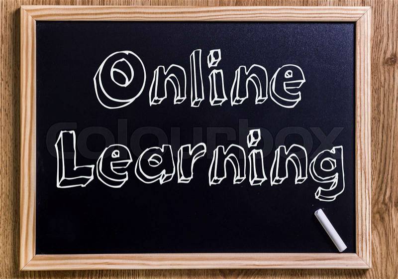 Online learning - New chalkboard with 3D outlined text - on wood, stock photo