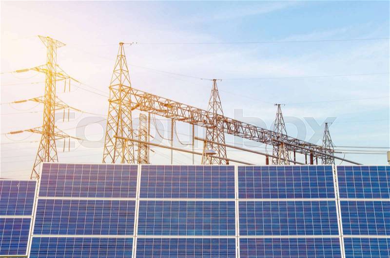 Solar Panels using renewable solar energy in Power station for making Electricity, stock photo
