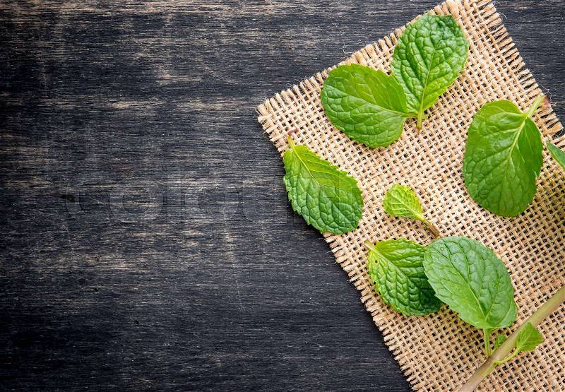 Pepper mint leaves on wood background,top view, stock photo