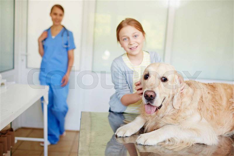 Young red-haired owner soothing her fluffy pet lying on examination table with its tongue out and smiling at camera, stock photo