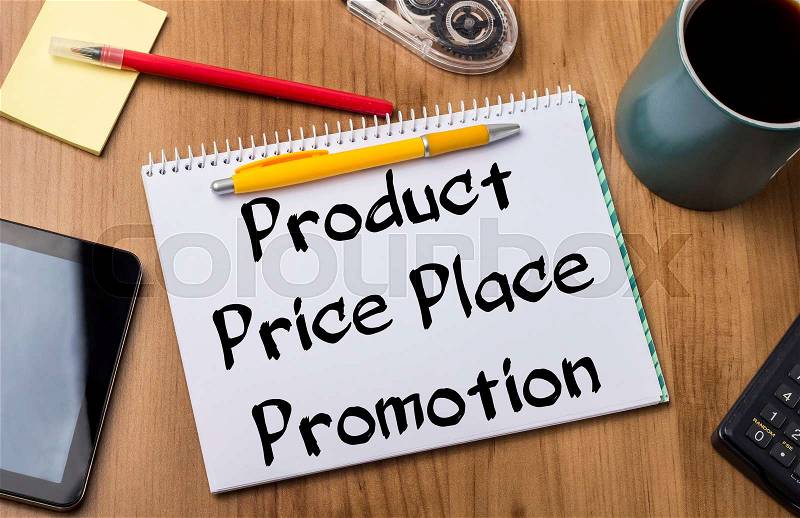 Product Price Place Promotion - Note Pad With Text On Wooden Table - with office tools, stock photo