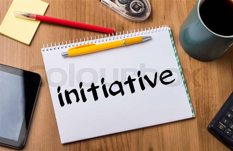 Initiative - Note Pad With Text On Wooden Table - with office tools, stock photo