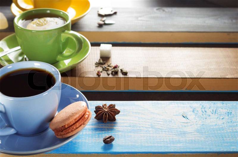 Cup of coffee, cacao and tea at table, stock photo