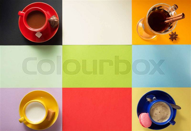 Cup of coffee, milk and cacao at colorful background, stock photo