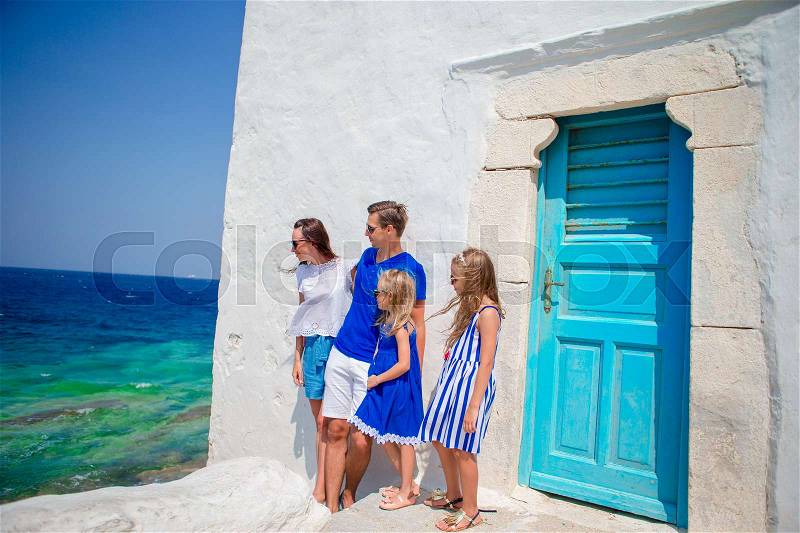 Family vacation in Europe on Mykonos Island, in Greece, stock photo