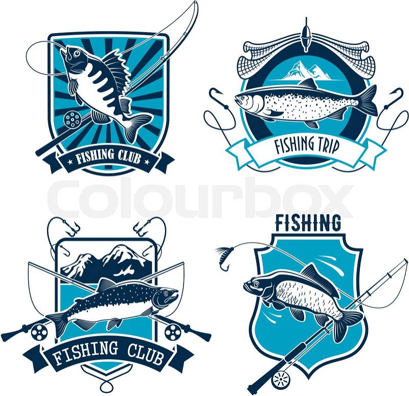 Fishing sport club heraldic badge set. Salmon, carp and perch fish with fishing rod, net and hook on shield with ribbon banner. Fishing sport, fishery, outdoor recreation themes design, vector