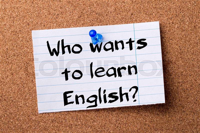 Who wants to learn English? - teared note paper pinned on bulletin board - horizontal image, stock photo