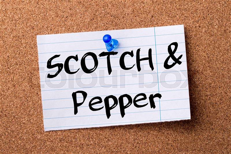SCOTCH & Pepper - teared note paper pinned on bulletin board - horizontal image, stock photo