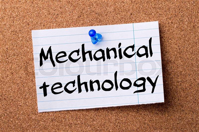 Mechanical technology - teared note paper pinned on bulletin board - horizontal image, stock photo