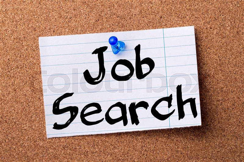 Job Search - teared note paper pinned on bulletin board - horizontal image, stock photo