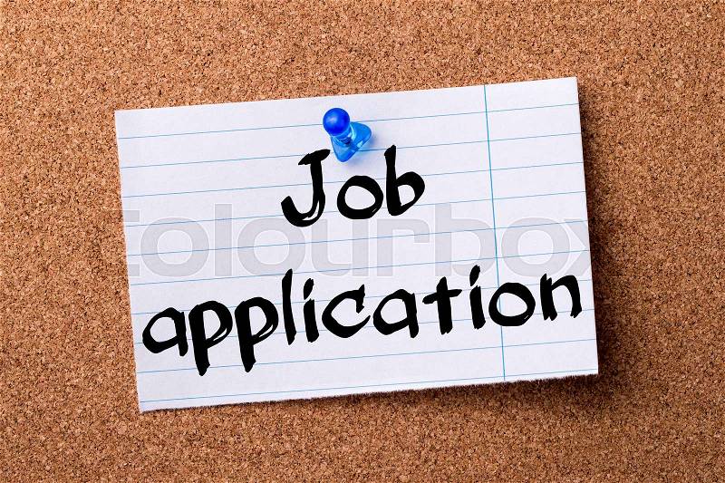 Job application - teared note paper pinned on bulletin board - horizontal image, stock photo